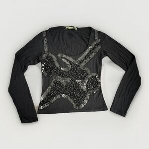 Y2K Black Sequin Beaded Top Womens M Clubwear Party Glam Going Out‎ Stretch